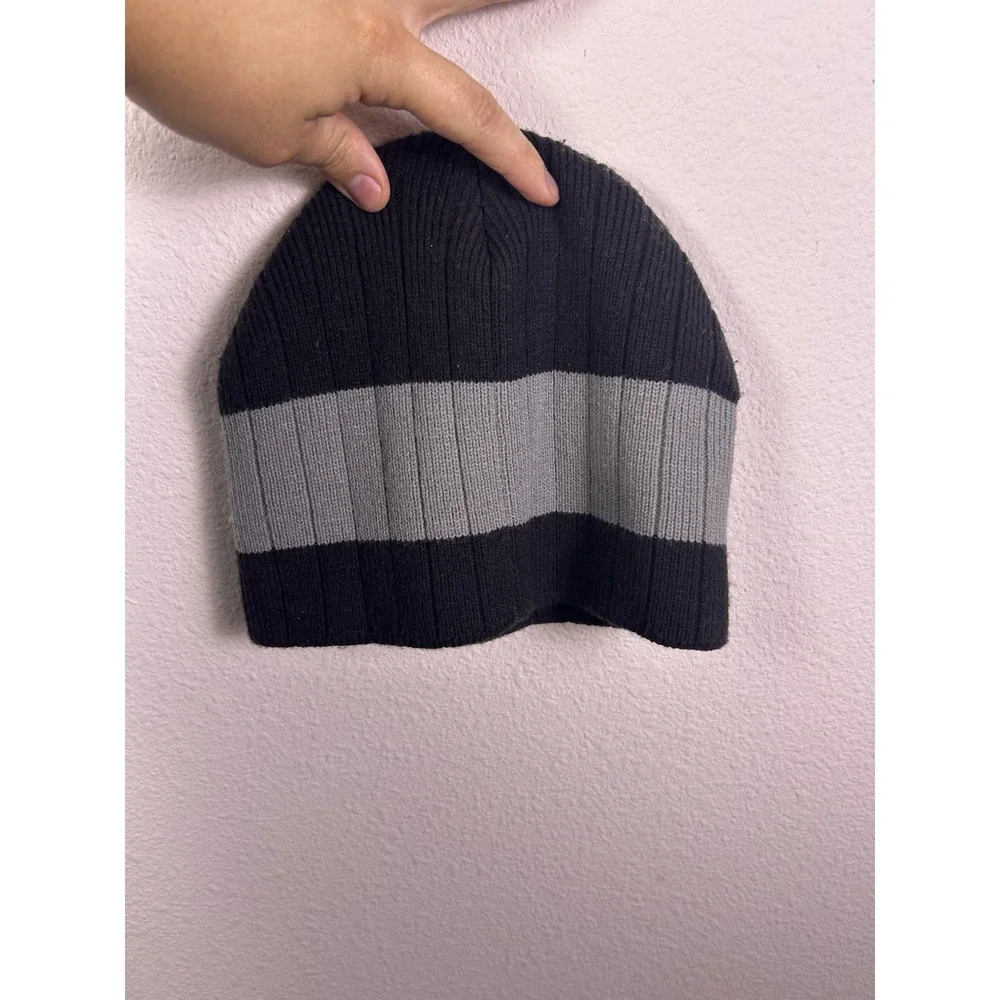 North Face Beanie Hat Black Gray Stripe Logo Knit Winter Cap One Size